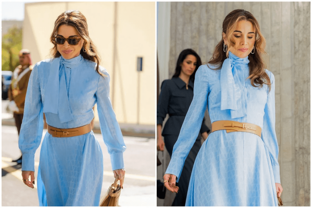 البليزر الأخضر الباستيل والبنطال العاجي للملكة رانيا